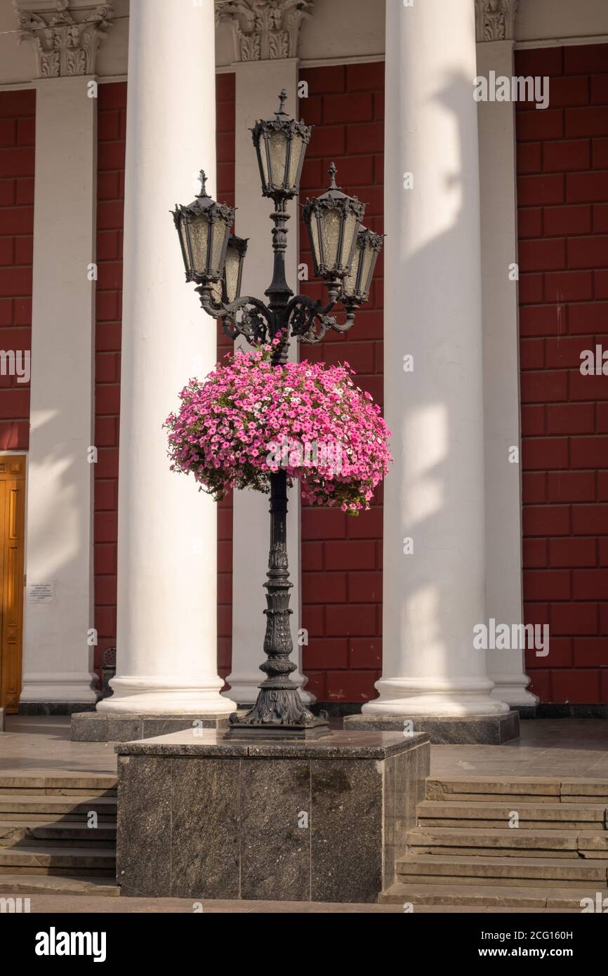 Lampada da strada della città con bellissimi fiori rosa sullo sfondo di un edificio con colonne. Odessa. Ucraina. Foto Stock
