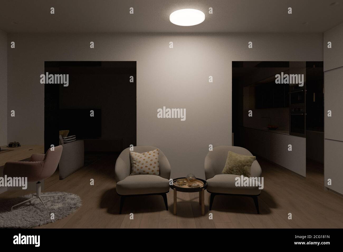 3d disegno interno illustrazione di un appartamento di città con casa ufficio per freelance Foto Stock