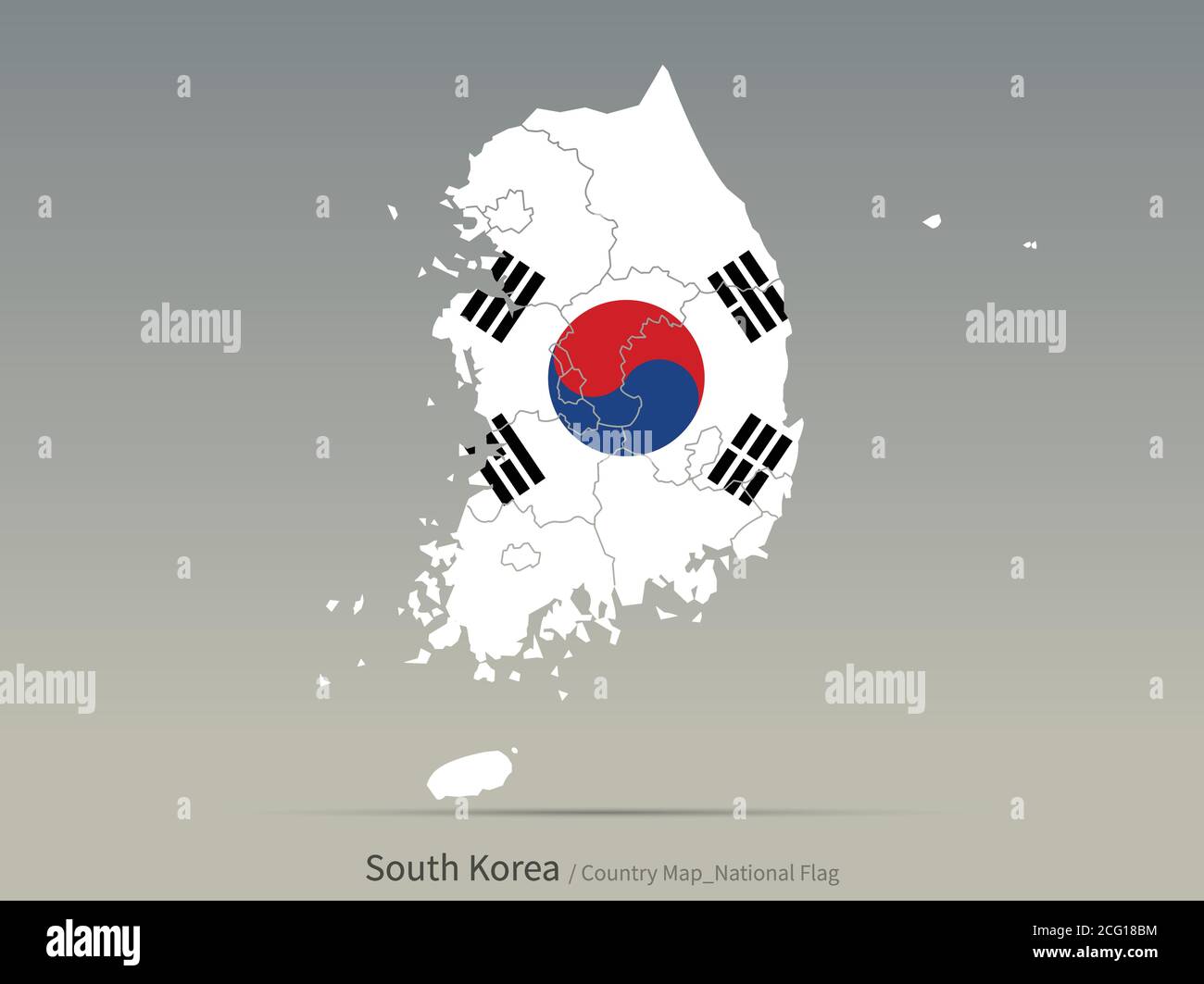 Bandiera della Corea del Sud isolata sulla mappa. Mappa e bandiera dei paesi asiatici. Illustrazione Vettoriale
