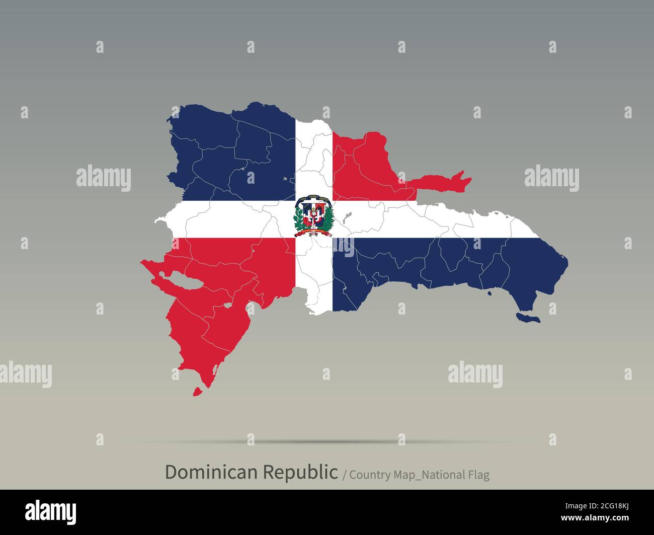 Bandiera della Repubblica Dominicana isolata sulla mappa. Mappa e bandiera dei paesi dell'america centrale. Illustrazione Vettoriale