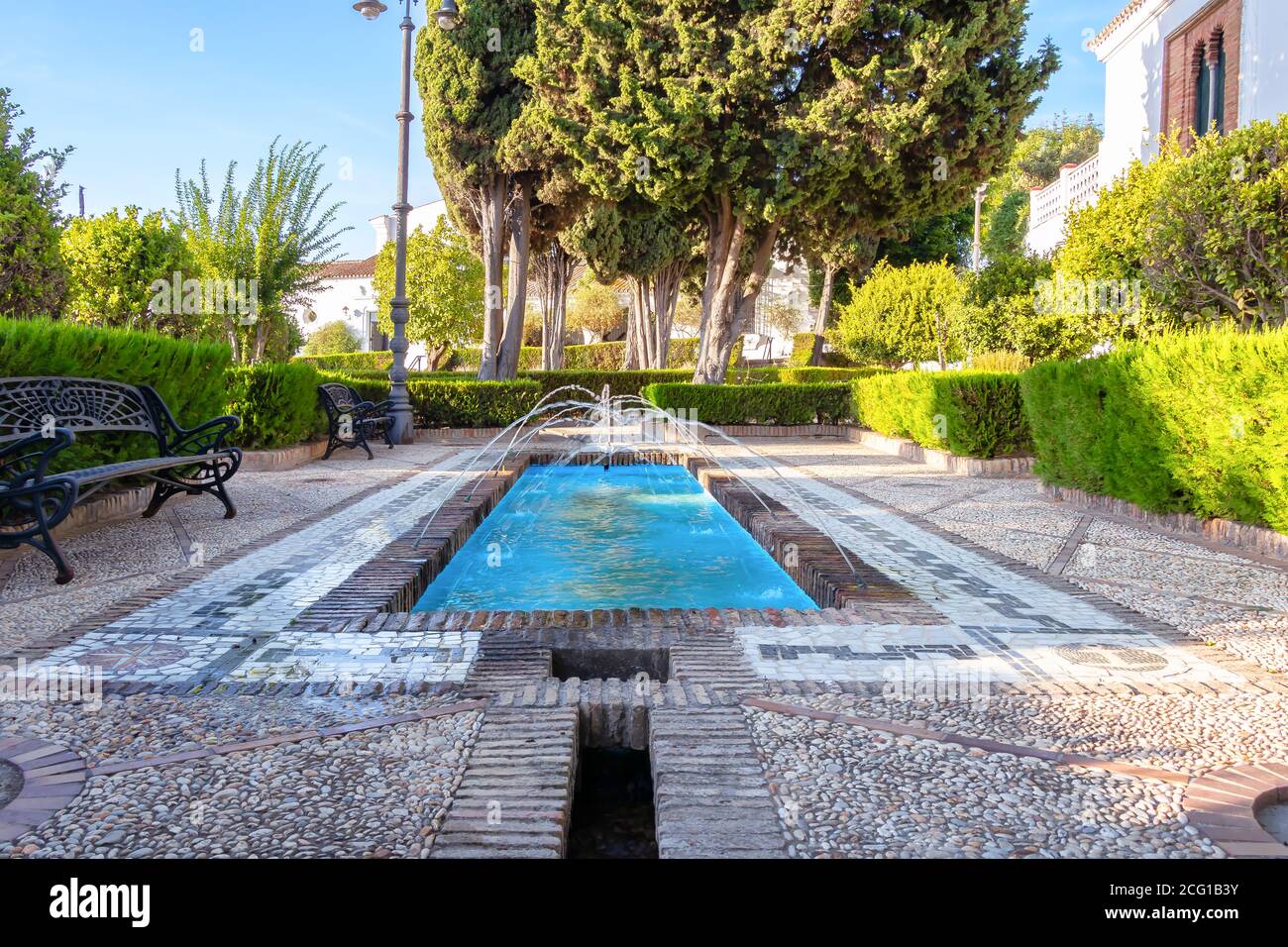 Huelva, Spagna - 8 settembre 2020: Giardini del santuario Virgen de la Cinta, patrona vergine di huelva dal 1586. chiesa sulla collina di El Conquero a Huelva, Foto Stock