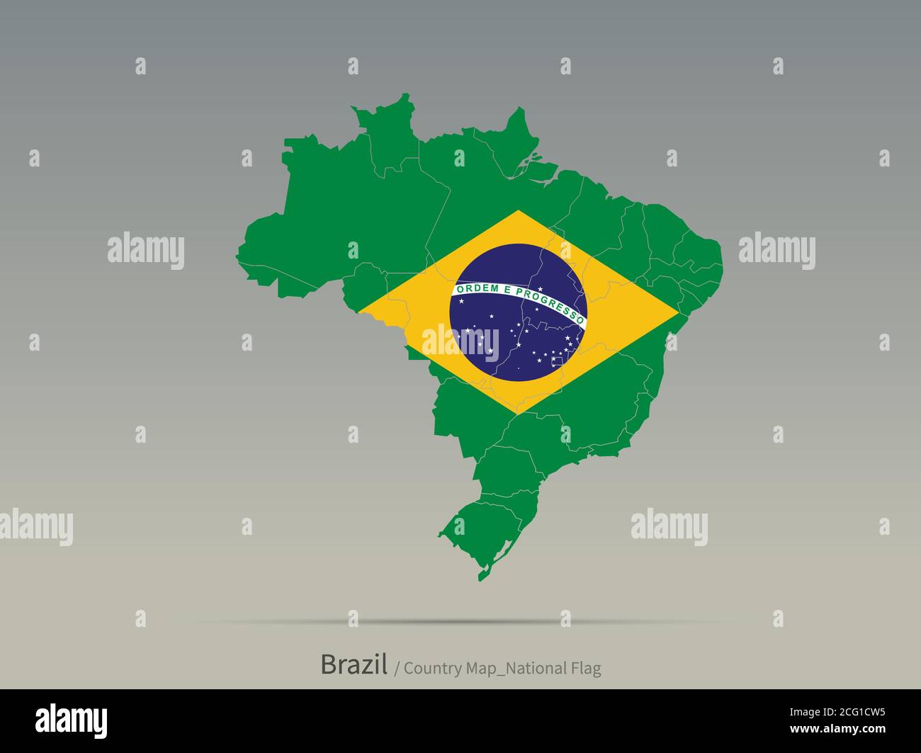 Bandiera del Brasile isolato sulla mappa. Mappa e bandiera dei paesi sudamericani. Illustrazione Vettoriale