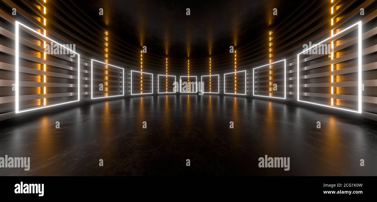 Sala scura con luci al neon di colore chiaro. Spazio nero vuoto per il testo. Riflessi sfocati sul pavimento. Astratto sfondo nero. Immagine di rendering 3D. Foto Stock