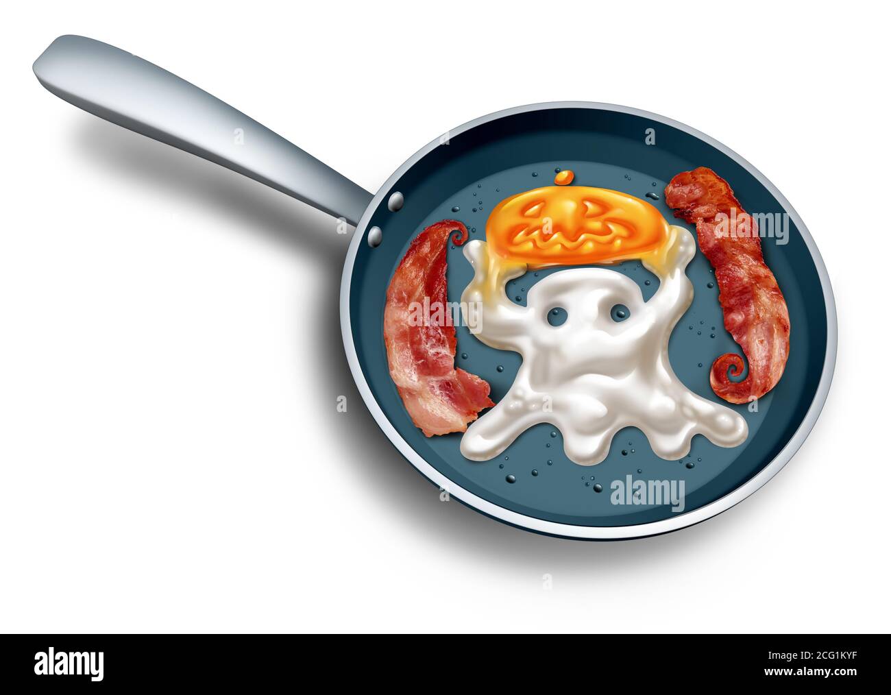 Halloween cibo spooky come un concetto di colazione creepy e divertente come un uovo fritto a forma di fantasma e jack-o-lanterna zucca come un'illustrazione 3D. Foto Stock