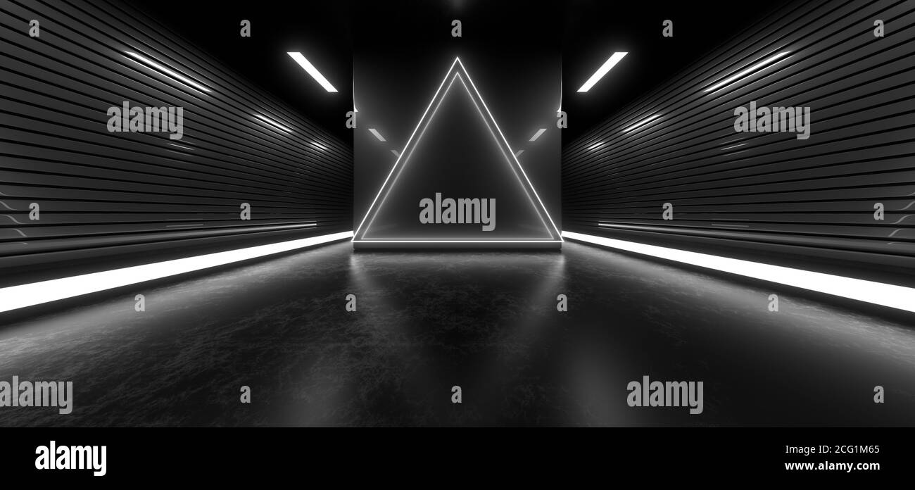 Sala scura con luci al neon bianche. Spazio nero vuoto per il testo. Riflessi sfocati sul pavimento. Astratto sfondo nero. Immagine di rendering 3D. Foto Stock