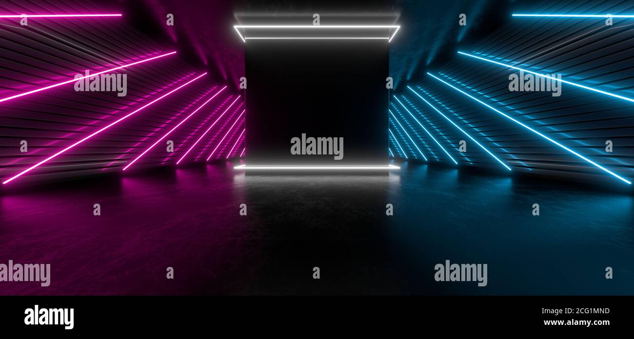 Sala scura con luci al neon di colore chiaro. Spazio nero vuoto per il testo. Riflessi sfocati sul pavimento. Astratto sfondo nero. Immagine di rendering 3D. Foto Stock