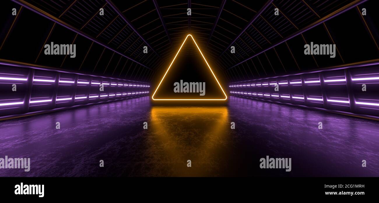Un tunnel scuro di tubi illuminato da luci e lampade al neon bianche. Riflessione sfocata sul pavimento. immagine di rendering 3d. Foto Stock