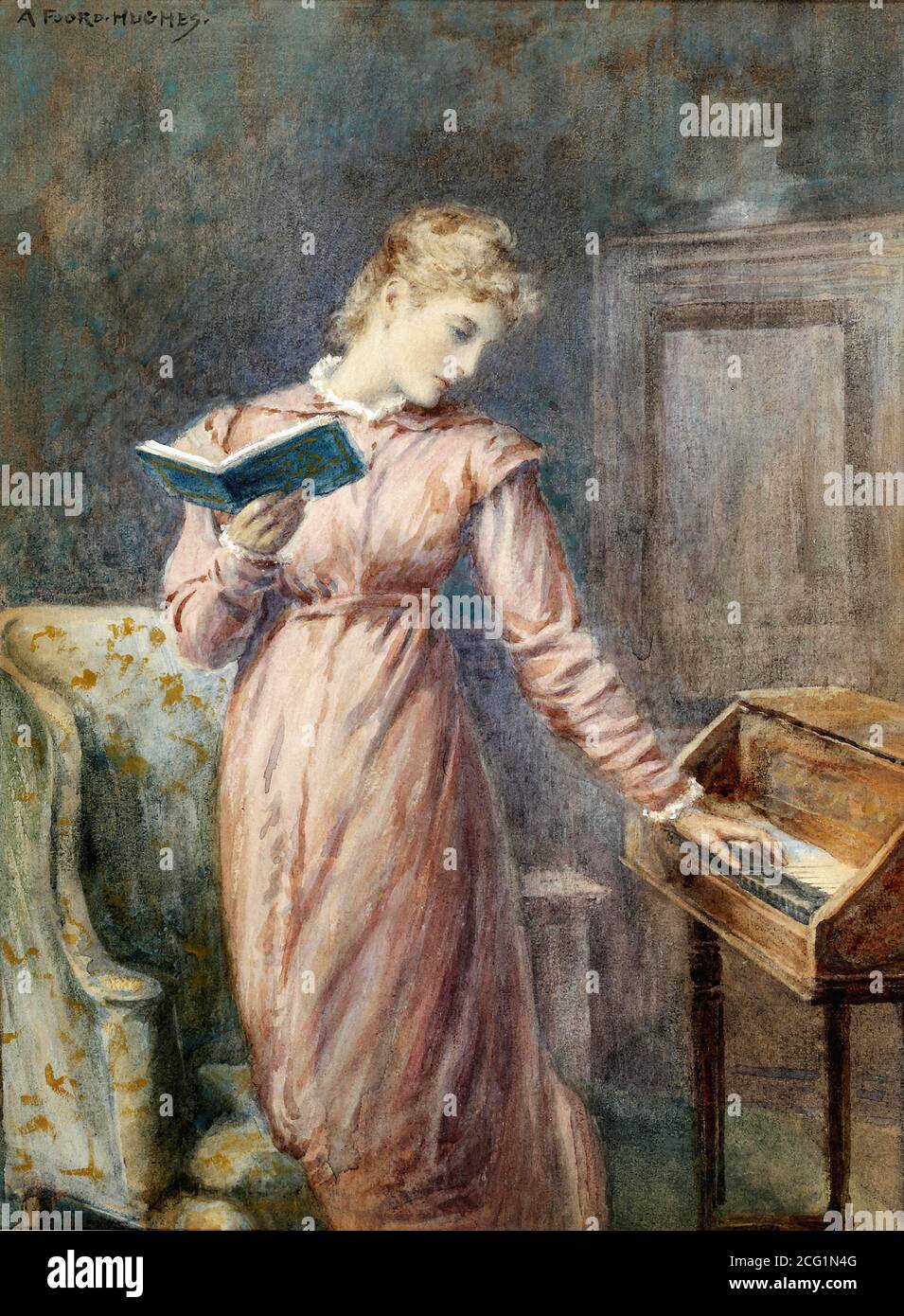 Hughes Arthur Foord - una signora che legge mentre si gioca Spinet - British School - 19 ° secolo Foto Stock