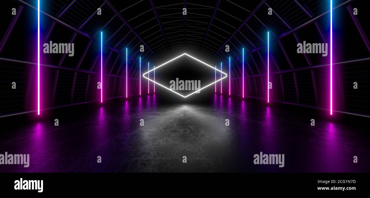 Un tunnel scuro di tubi illuminato da luci e lampade al neon bianche. Riflessione sfocata sul pavimento. immagine di rendering 3d. Foto Stock