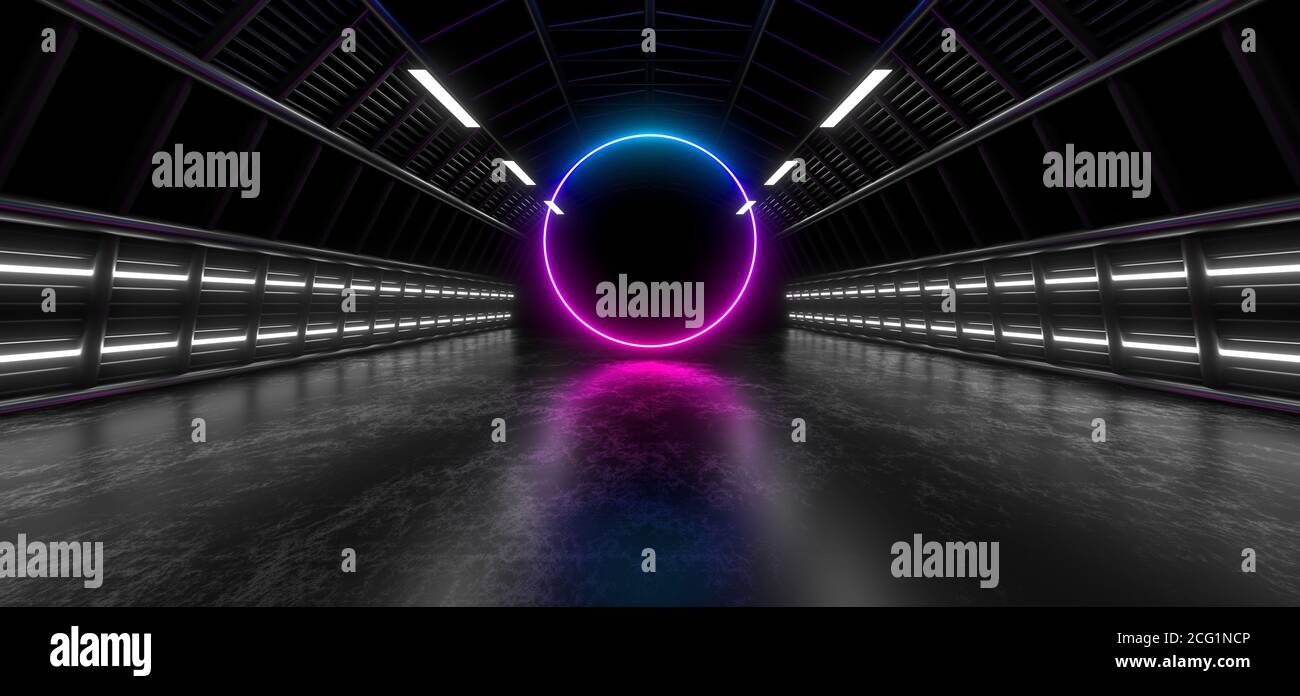 Un tunnel scuro di tubi illuminato da luci e lampade al neon bianche. Riflessione sfocata sul pavimento. immagine di rendering 3d. Foto Stock