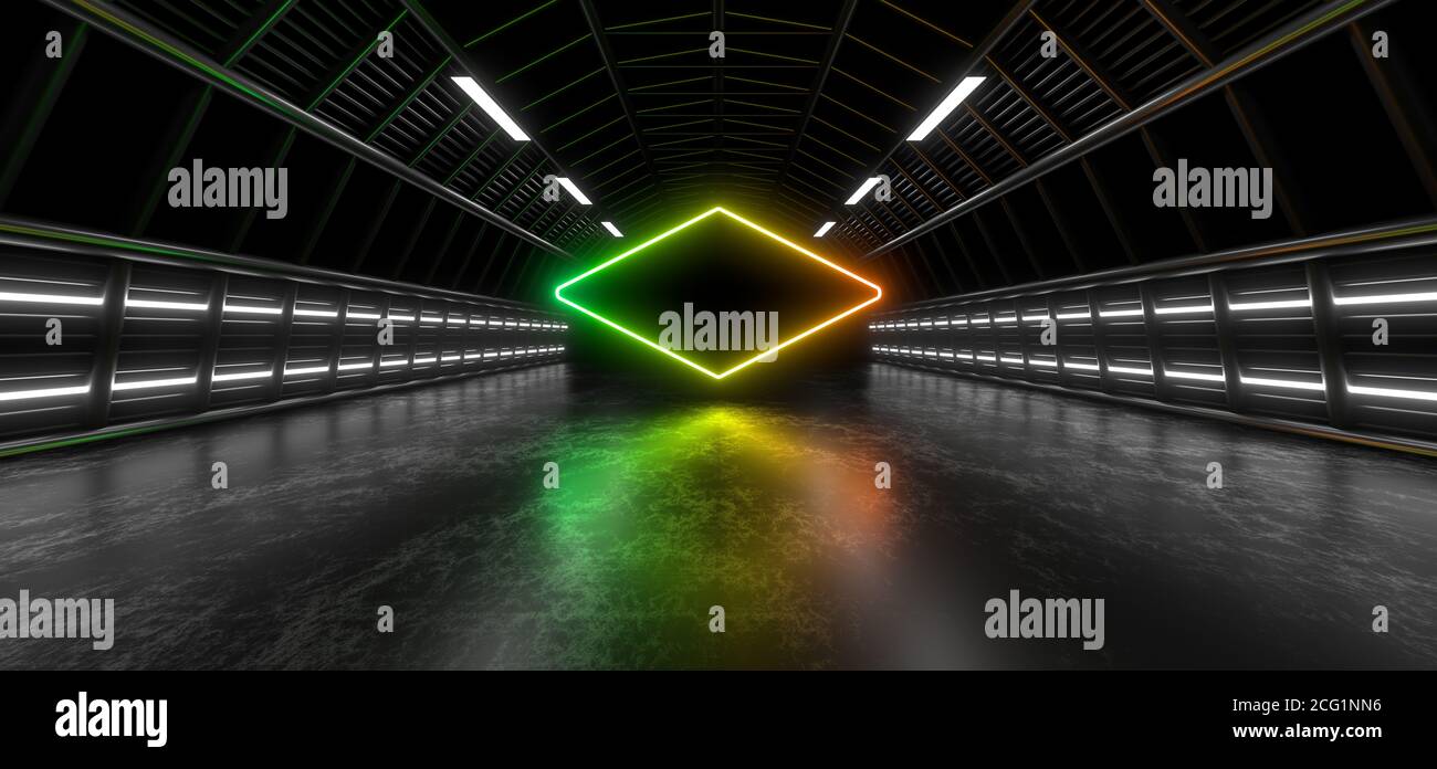 Un tunnel scuro di tubi illuminato da luci e lampade al neon bianche. Riflessione sfocata sul pavimento. immagine di rendering 3d. Foto Stock