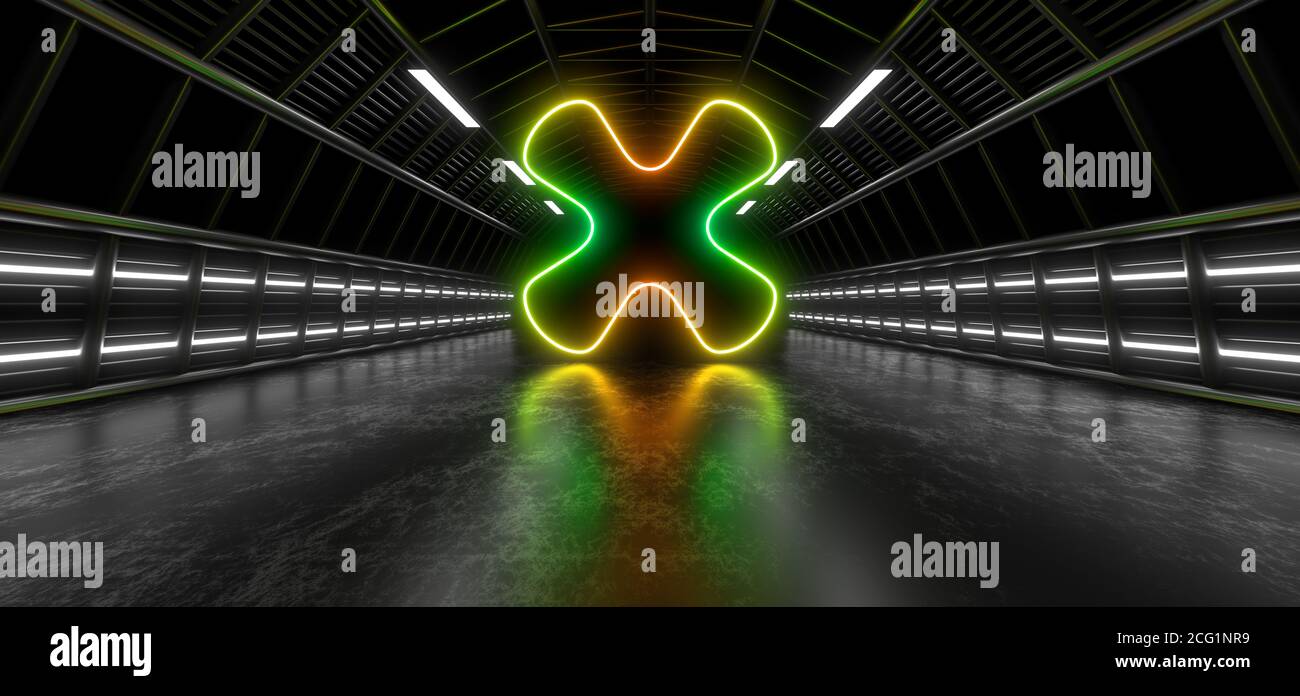 Un tunnel scuro di tubi illuminato da luci e lampade al neon bianche. Riflessione sfocata sul pavimento. immagine di rendering 3d. Foto Stock