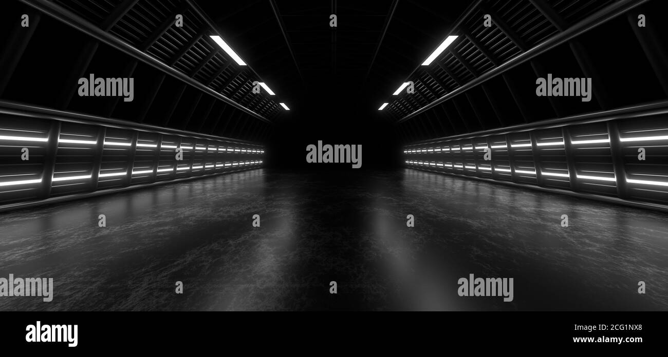 Un tunnel scuro di tubi illuminato da luci e lampade al neon bianche. Riflessione sfocata sul pavimento. immagine di rendering 3d. Foto Stock