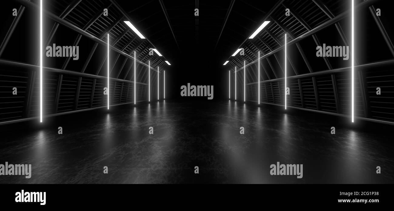 Un tunnel scuro di tubi illuminato da luci e lampade al neon bianche. Riflessione sfocata sul pavimento. immagine di rendering 3d. Foto Stock