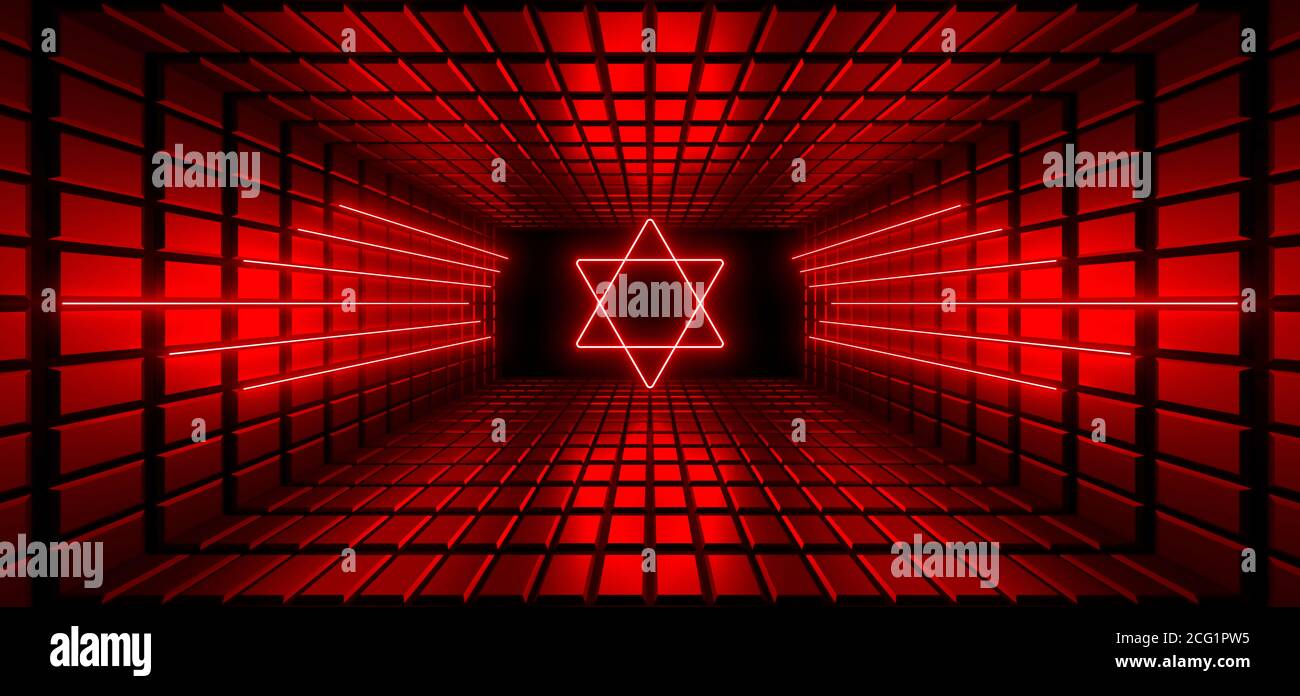 Un corridoio scuro illuminato da colorate luci al neon. Riflessioni sul pavimento e sulle pareti. Sfondo vuoto al centro. immagine di rendering 3d. Foto Stock