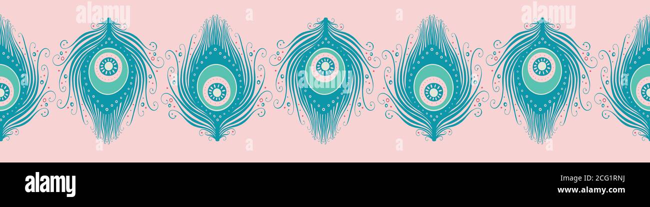 Banner in piuma d'oca Peacock in teal e rosa. Carino vettore senza giunture ripetizione esotico uccello piume bordo. Illustrazione Vettoriale