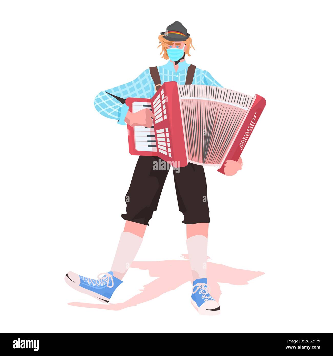 Musicista che suona fisarmonica in un festival folk esegue musica Oktoberfest party celebrazione concetto uomo in tedesco abiti tradizionali divertirsi pieno illustrazione vettoriale isolata in lunghezza Illustrazione Vettoriale