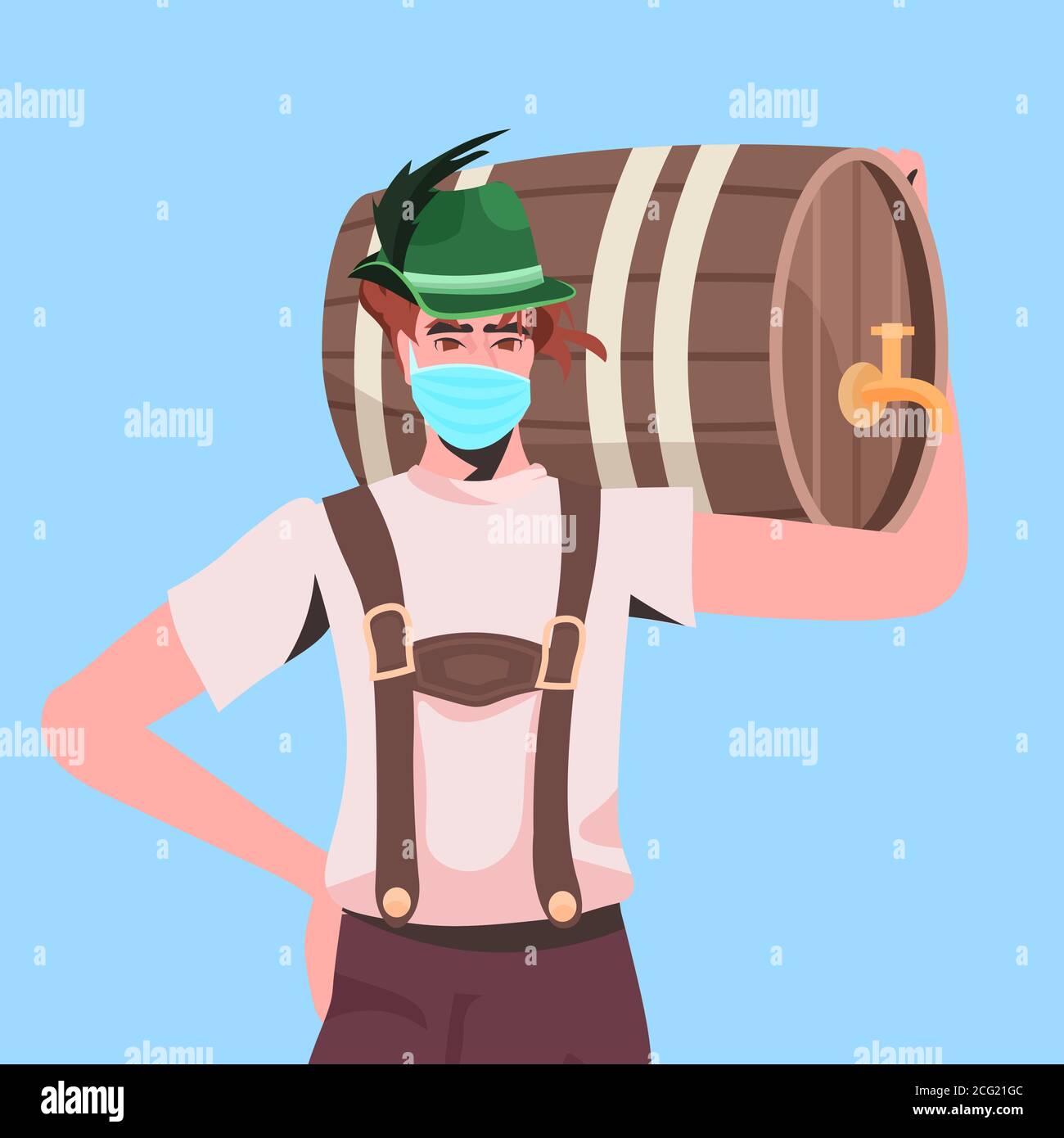 Uomo in maschera medica tenuta barile birra Oktoberfest festa celebrazione coronavirus concetto di quarantena ragazzo in tedesco tradizionale vestiti vettore ritratto illustrazione Illustrazione Vettoriale