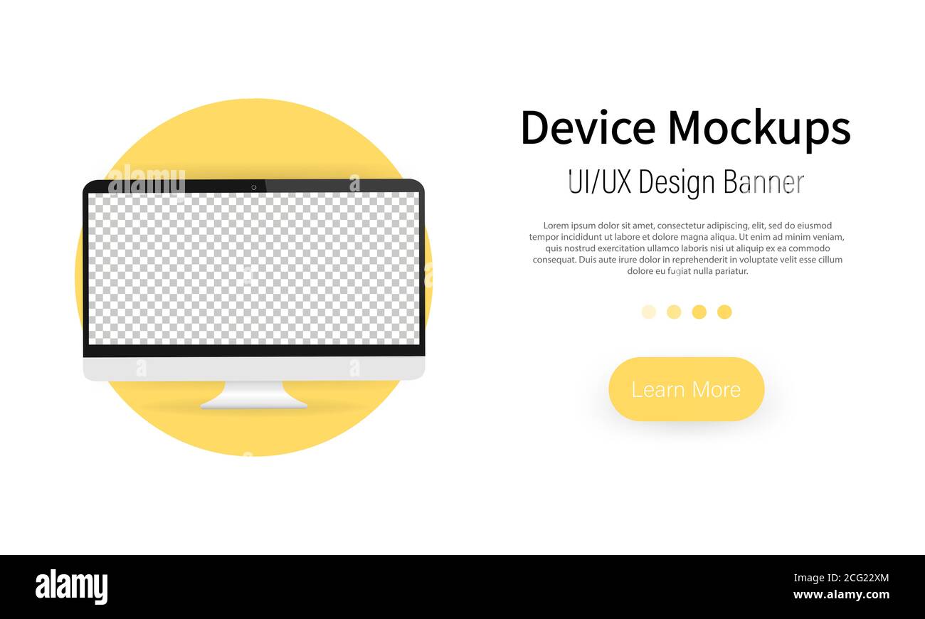 Banner mockup del computer. Vista frontale di computer Monitor. Ampio schermo per pc per web design, pagine web, atterraggi. Schermata vuota del desktop, modello per Illustrazione Vettoriale