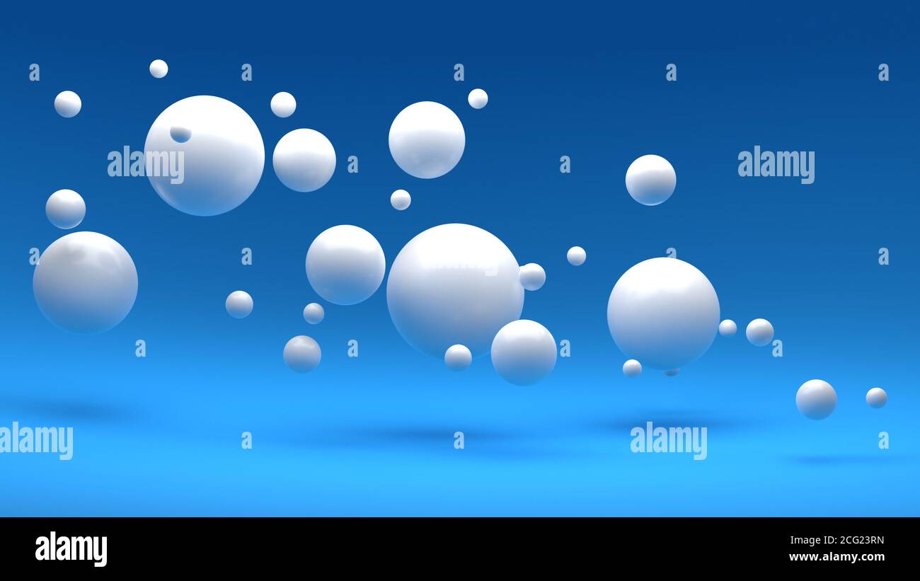 sfondo blu 3d con sfere bianche casuali fluttuanti, illustrazione 3d Foto Stock