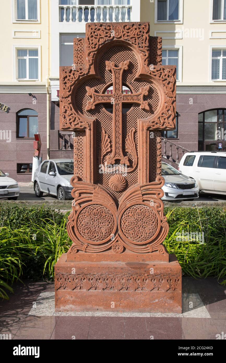 Khachkar, conosciuto anche come una croce armeno. Foto Stock