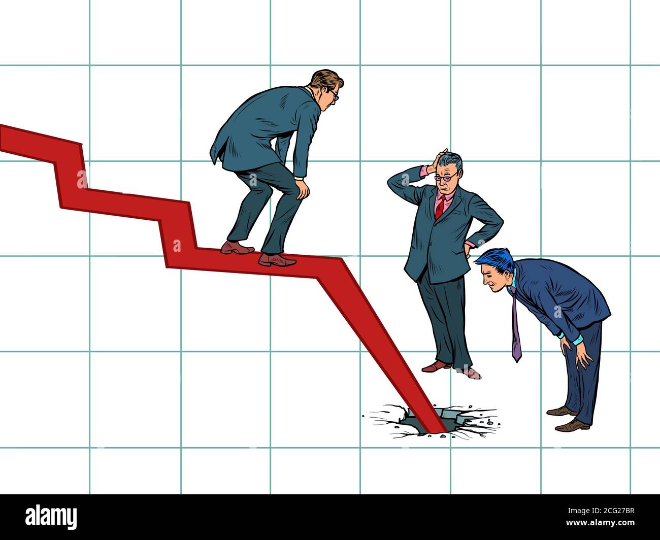Uomini d'affari e il problema del fallimento. Il grafico scende e ha rotto il pavimento Illustrazione Vettoriale