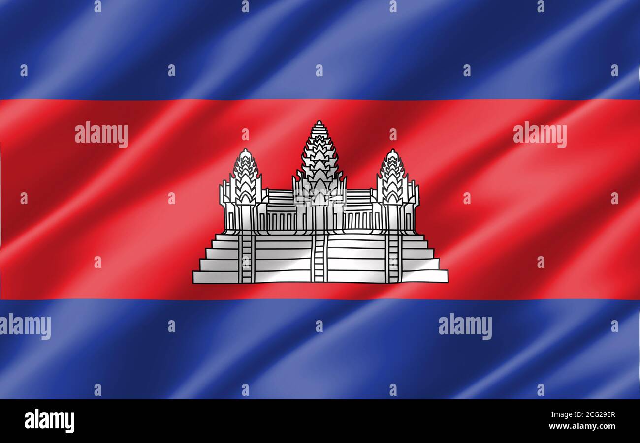 Bandiera di seta ondulata della Cambogia grafica. Immagine della bandiera cambogiana ondulata. La bandiera della Cambogia increspata è un simbolo di libertà, patriottismo e indipendenza Foto Stock