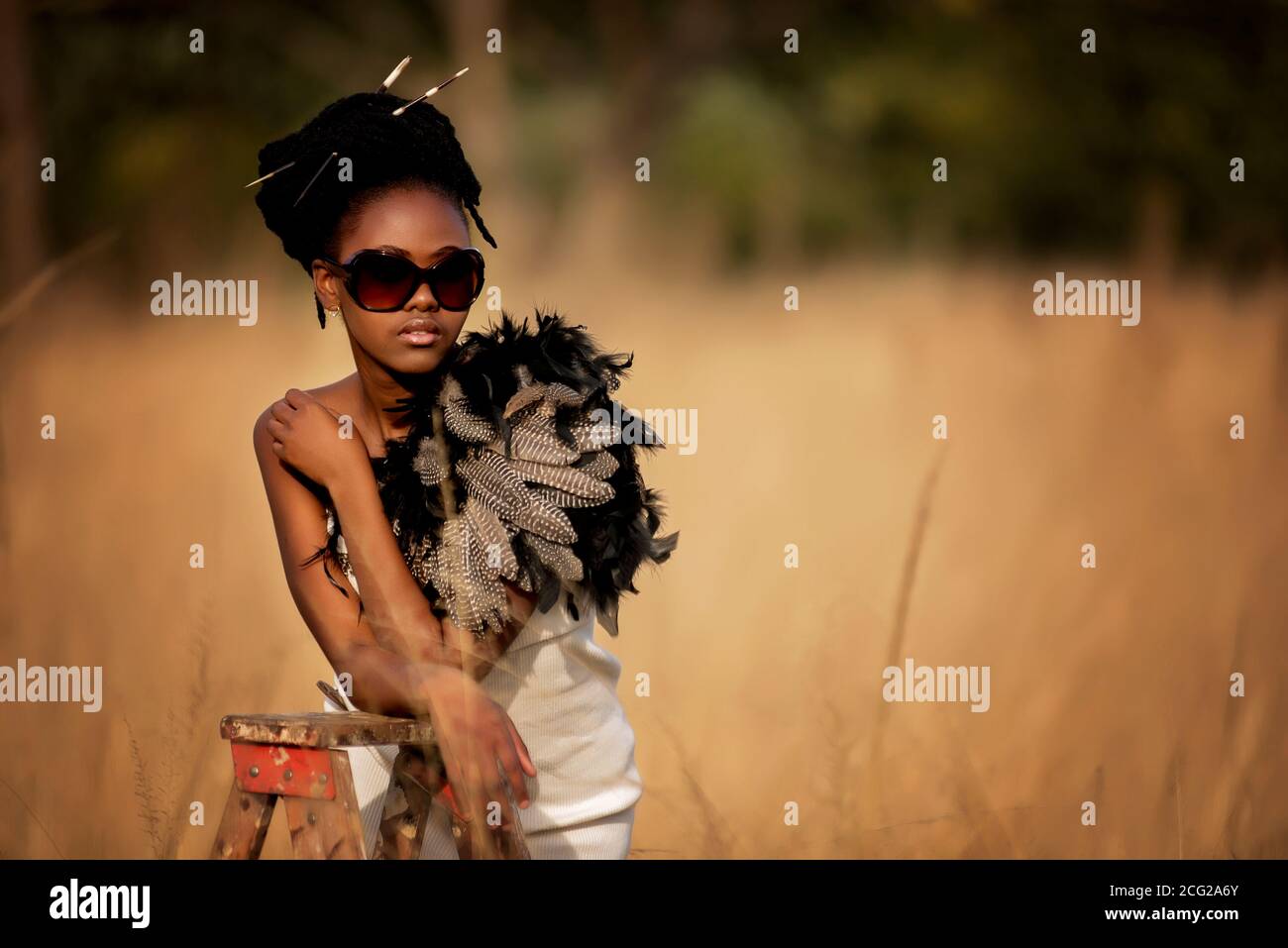 modello donna nera di successo in safari africano con occhiali da sole Foto Stock