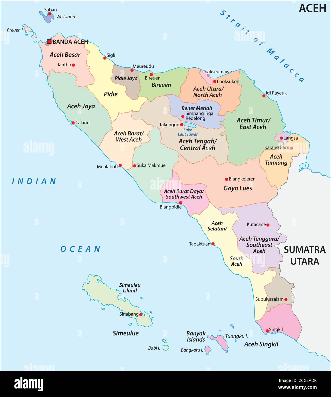 Mappa amministrativa vettoriale della provincia indonesiana di Aceh, Sumatra, Indonesia Illustrazione Vettoriale