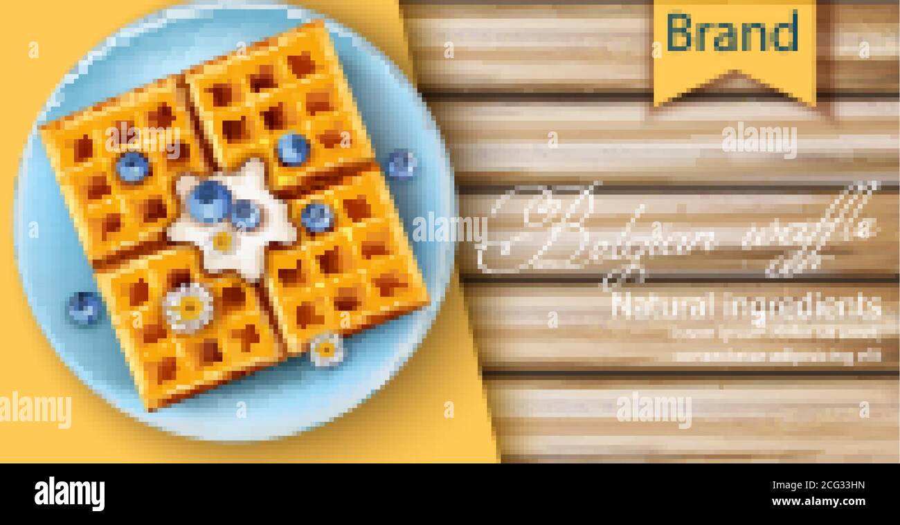 Waffle belgi ricoperti di crema, mirtilli e fiori di camomilla su piatto blu. Realizzato utilizzando solo ingredienti naturali. Mockup 3D con placemen di prodotto Illustrazione Vettoriale