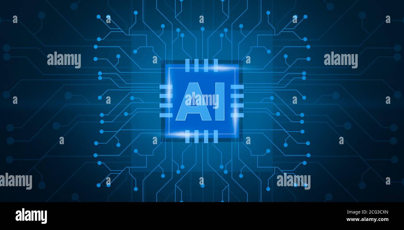 Illustrazione futuristica del concetto di intelligenza artificiale con chip per computer e. Linee del circuito Foto Stock