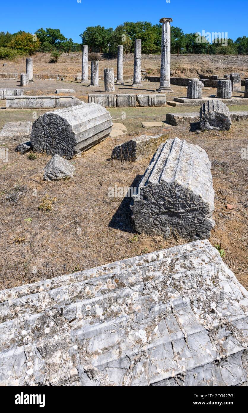 Le rovine di STOA su antica megalopoli. Megalopoli, Peloponneso centrale, Grecia. Foto Stock