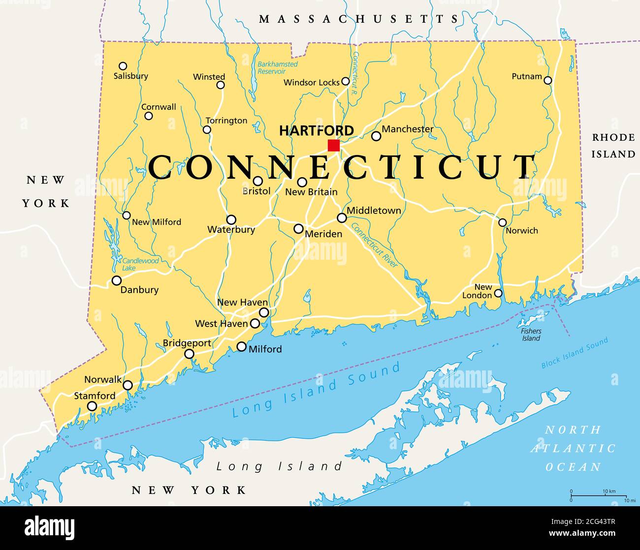 Connecticut Mappa Politica Con La Capitale Hartford Stato Del Connecticut Ct Lo Stato Piu Meridionale Della Regione Del New England Degli Stati Uniti 2cg43tr 