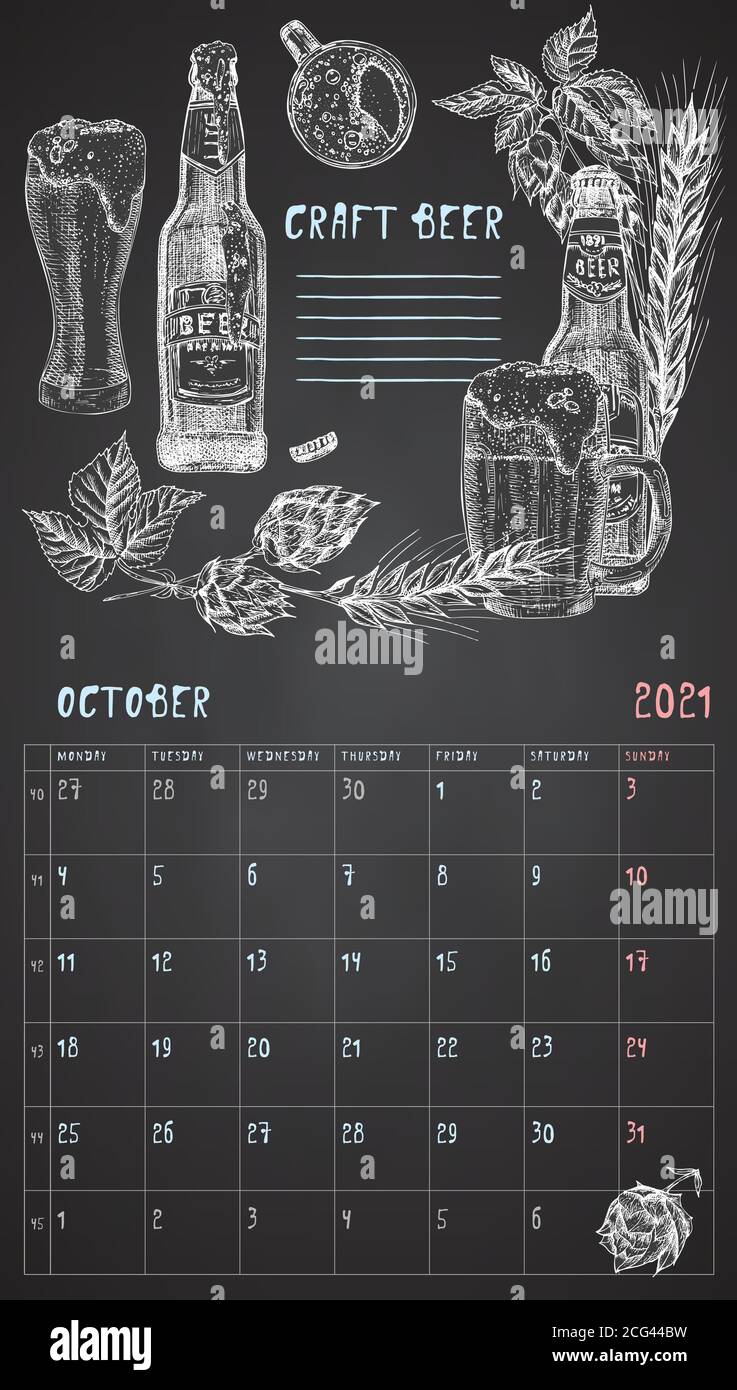 2021 pagina di calendario vintage muro planner. Mese di ottobre. La settimana inizia il lunedì. Tema bar alcol. Cocktail di birra artigianale retro poster posto da scrivere Illustrazione Vettoriale