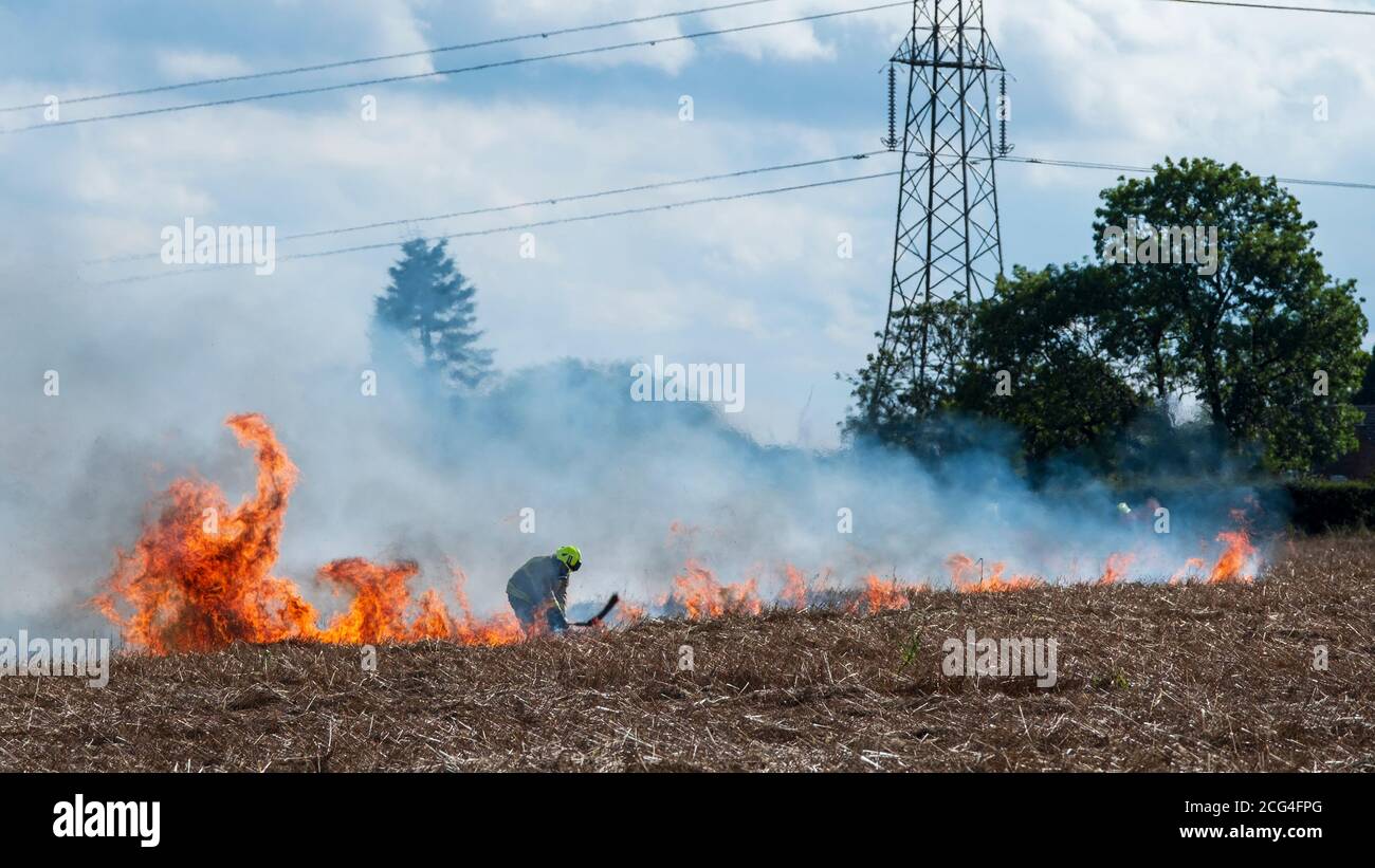 Vigili del fuoco nella battaglia degli attrezzi respiratori un fuoco di raccolto credeva essere iniziato deliberatamente. Foto Stock