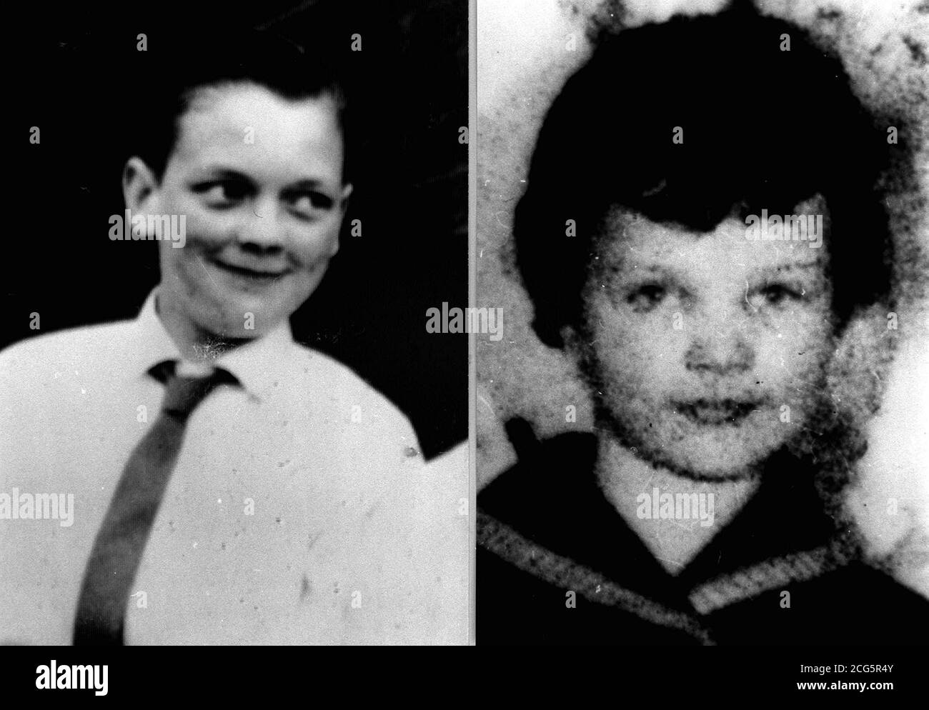 Un'immagine composita delle vittime dell'omicidio di Moors John Kilbride (L) , 12, e Lesley-Ann Downey, 10, i cui corpi sono stati trovati in tombe poco profonde su Saddleworth Moors vicino Manchester nel 1966. Myra Hindley e il suo amante Ian Brady sono stati incarcerati nel 1966 per gli omicidi. Foto Stock