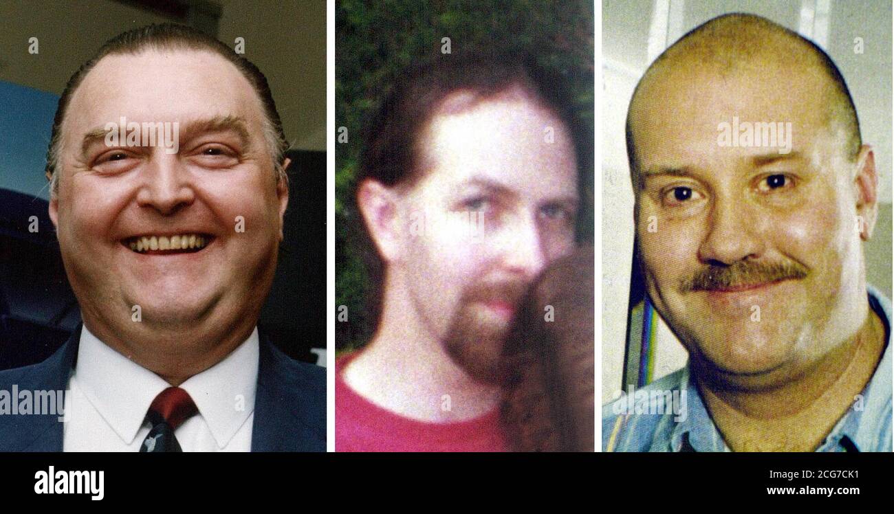 Composto di tre di coloro che sono morti nel crash del treno Selby : (l/r) Raymond Robson, 43, di Whitley Bay, Tyne e Wear, che era una guardia sul servizio espresso. Christopher Terry, 30 anni, un guardiano della chiesa di York, e Stephen Dunn, 39 anni, di Brayton, vicino a Selby. * che era un conducente del treno merci. 13/12/01 Gary Hart, 37 anni, è stato condannato alla Leeds Crown Court con dieci accuse di morte per guida pericolosa dopo che il suo Land Rover e il suo rimorchio sono caduti dall'autostrada M62 e sulla linea principale della East Coast. Pochi istanti dopo fu colpito da un treno espresso GNER in direzione sud che viaggiava a 117 miglia all'ora Foto Stock