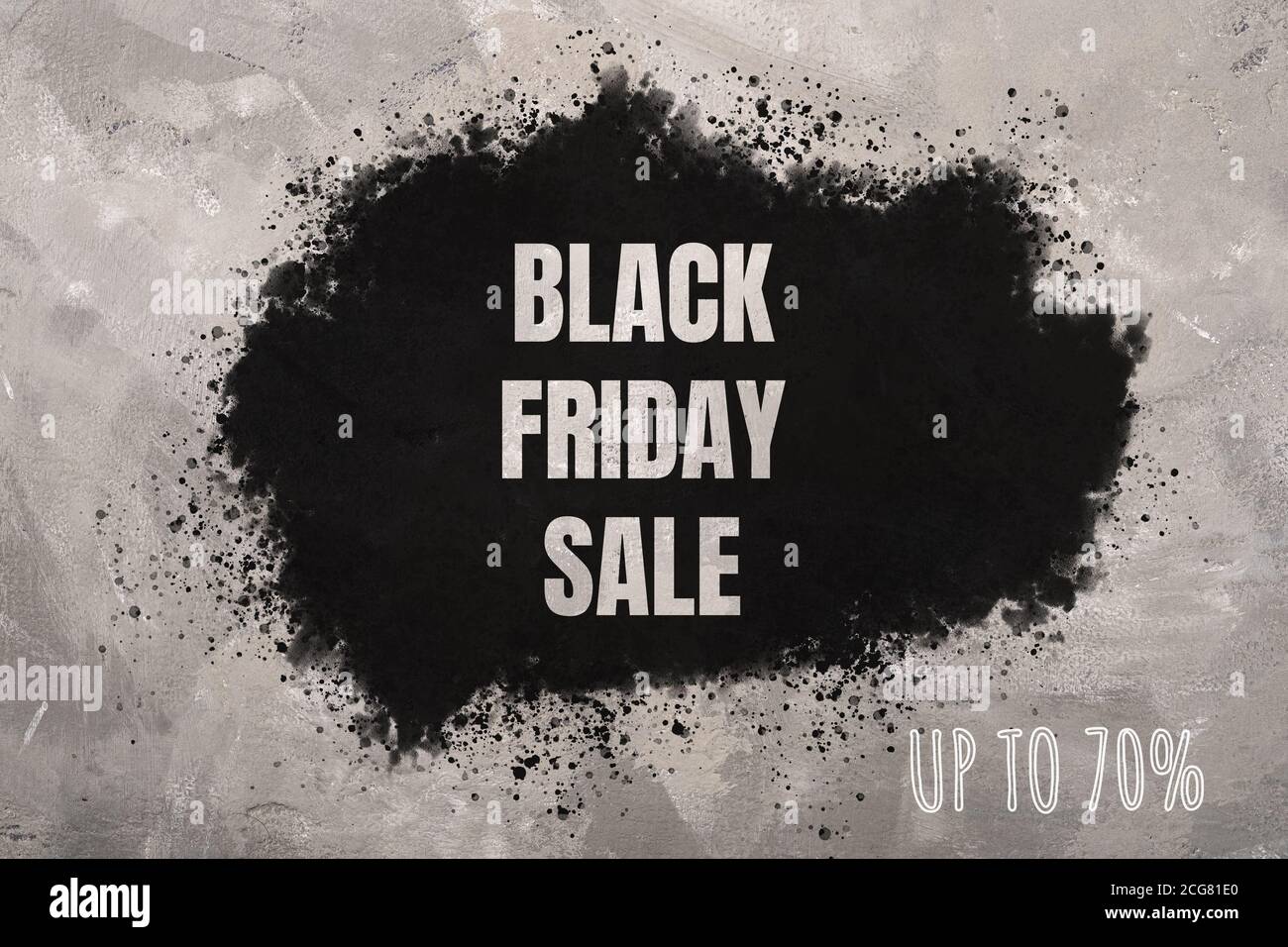 Banner di vendita Black Friday con testo fino al 70% sconto su fondo grigio in cemento Foto Stock
