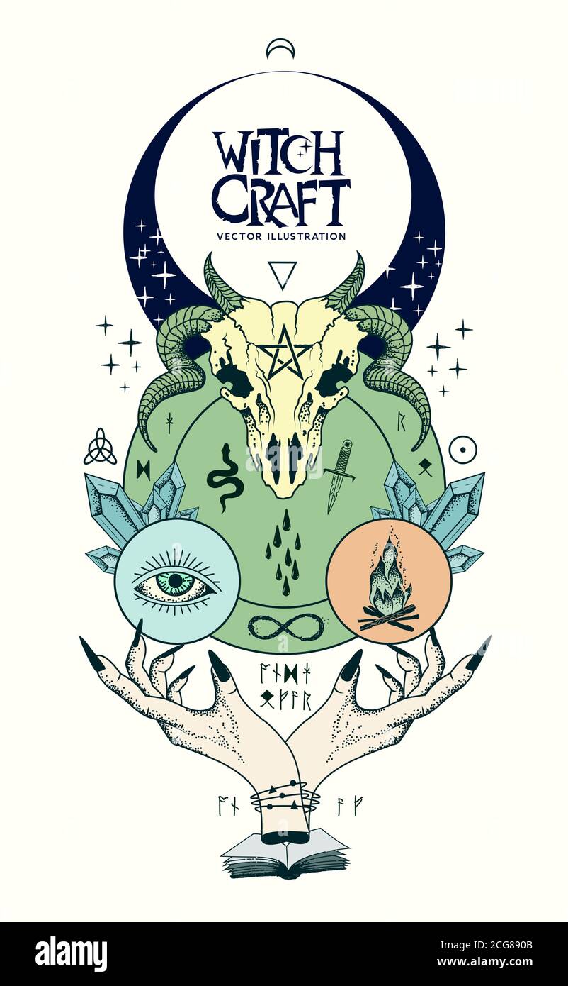 Illustrazione vettoriale di stregoneria, wicca e pagen segni e simboli banner con le mani di strega che gettano un incantesimo, cristalli di guarigione, teschi e rune. Illustrazione Vettoriale