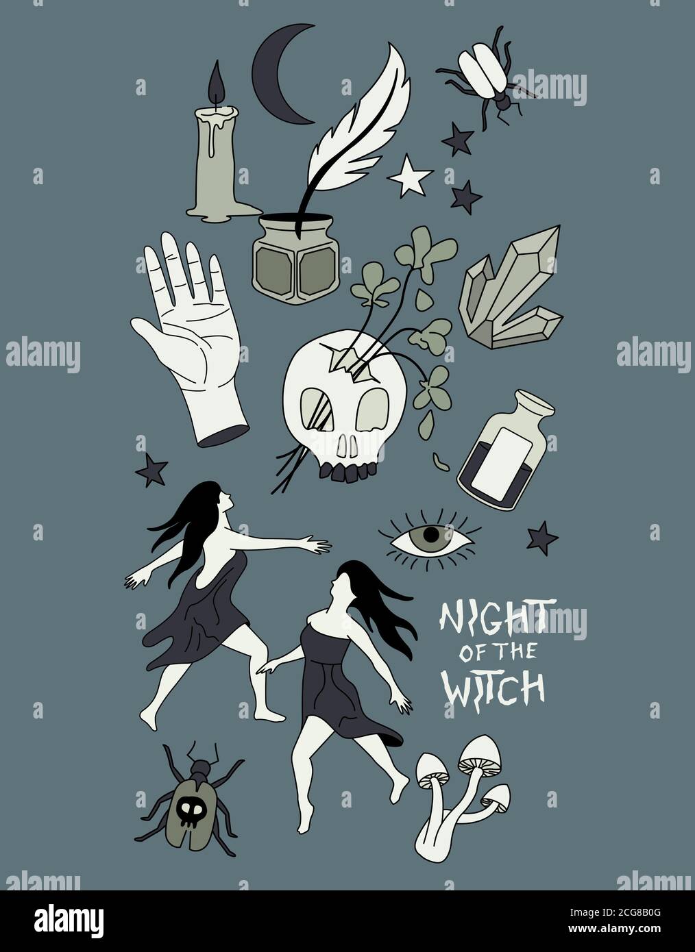 Le streghe e gli oggetti di stregoneria che ballano, tra cui candele, pozioni cristalli e streghe danzanti. Illustrazione vettoriale. Illustrazione Vettoriale