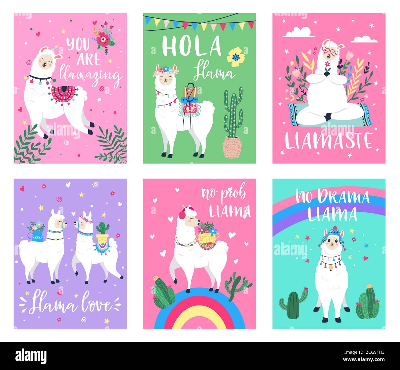 Llama carino poster. Biglietti d'auguri alpaca con citazioni ispiratrici, disegnati a mano etnico colorato peruviano Llamas poster vettoriali set di illustrazione Illustrazione Vettoriale