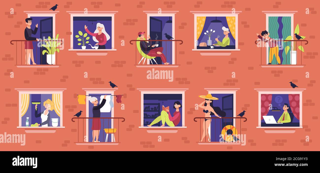 Persone in finestre. Personaggi vicini che comunicano, uomini e donne in finestre frame, vicini vita quotidiana vettore illustrazione set Illustrazione Vettoriale