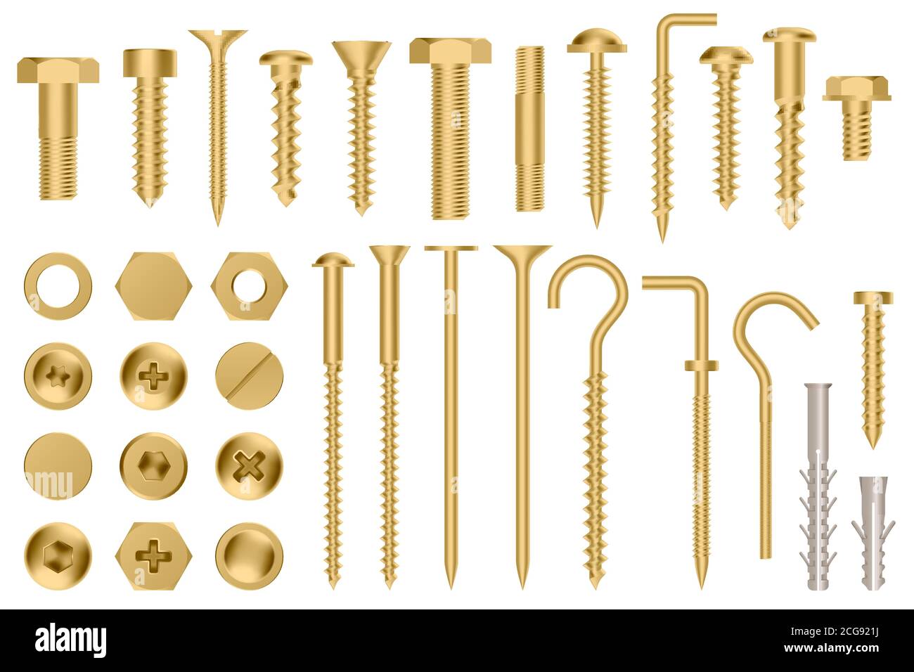 Hardware realistico e dorato. Serie di icone per illustrazioni vettoriali con bulloni e viti in acciaio inossidabile Illustrazione Vettoriale