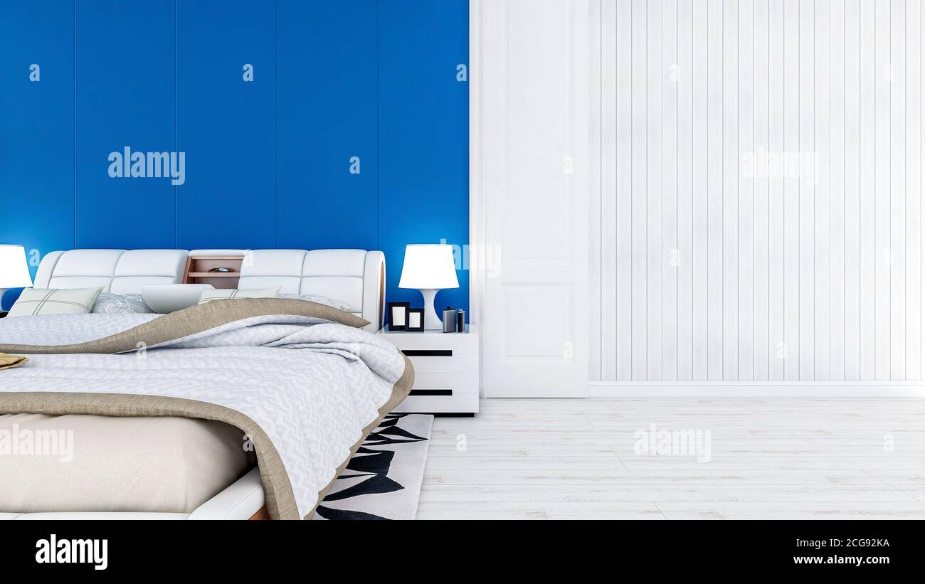 Camera da letto moderna e bianca con spazio vuoto su parete e pavimento, rendering 3D Foto Stock