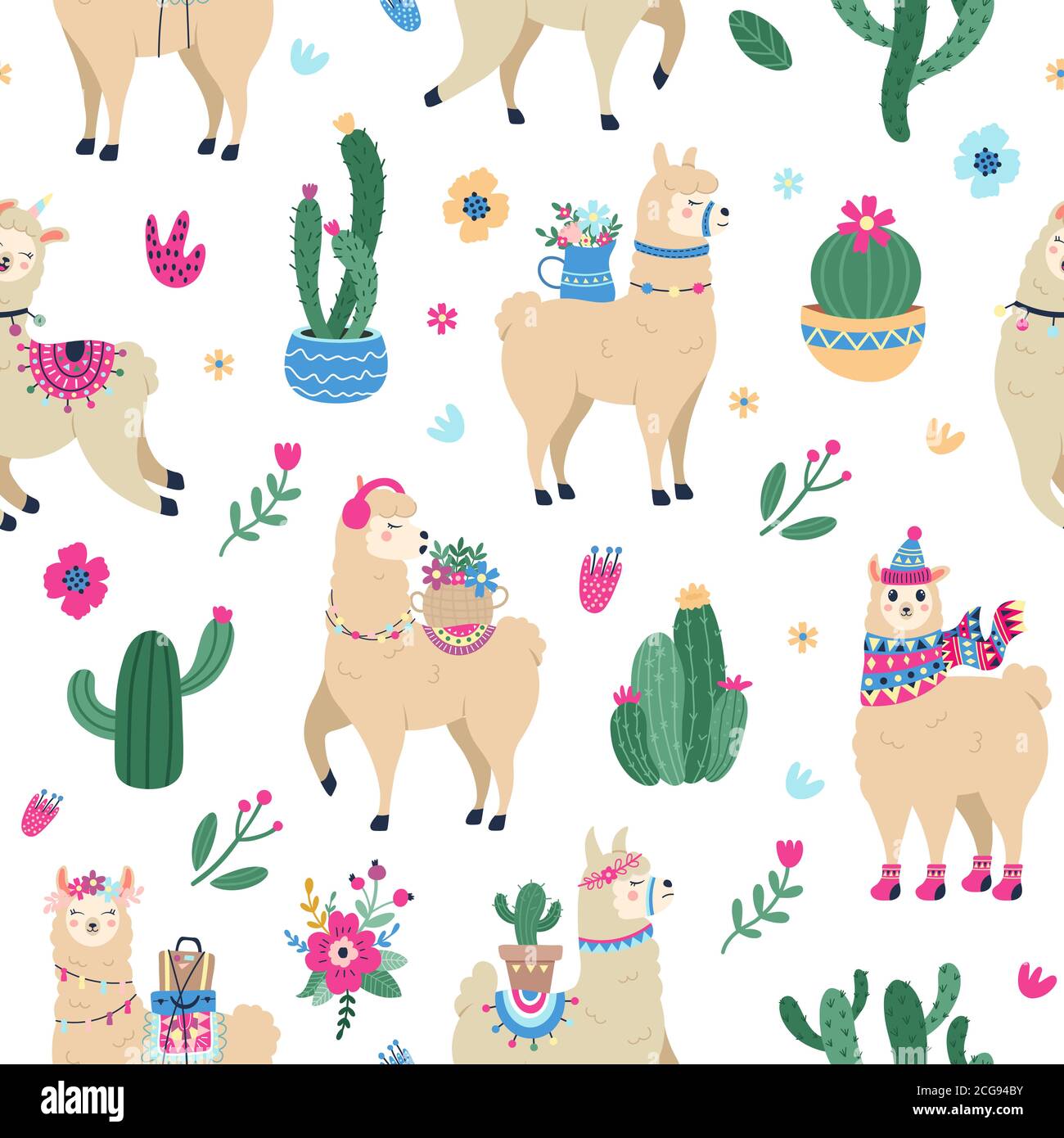 Modello Llama e cactus. Simpatico alpaca messicana disegnata a mano senza cuciture con cactus desertici, etnico peruviano vettore di sfondo illustrazione Illustrazione Vettoriale