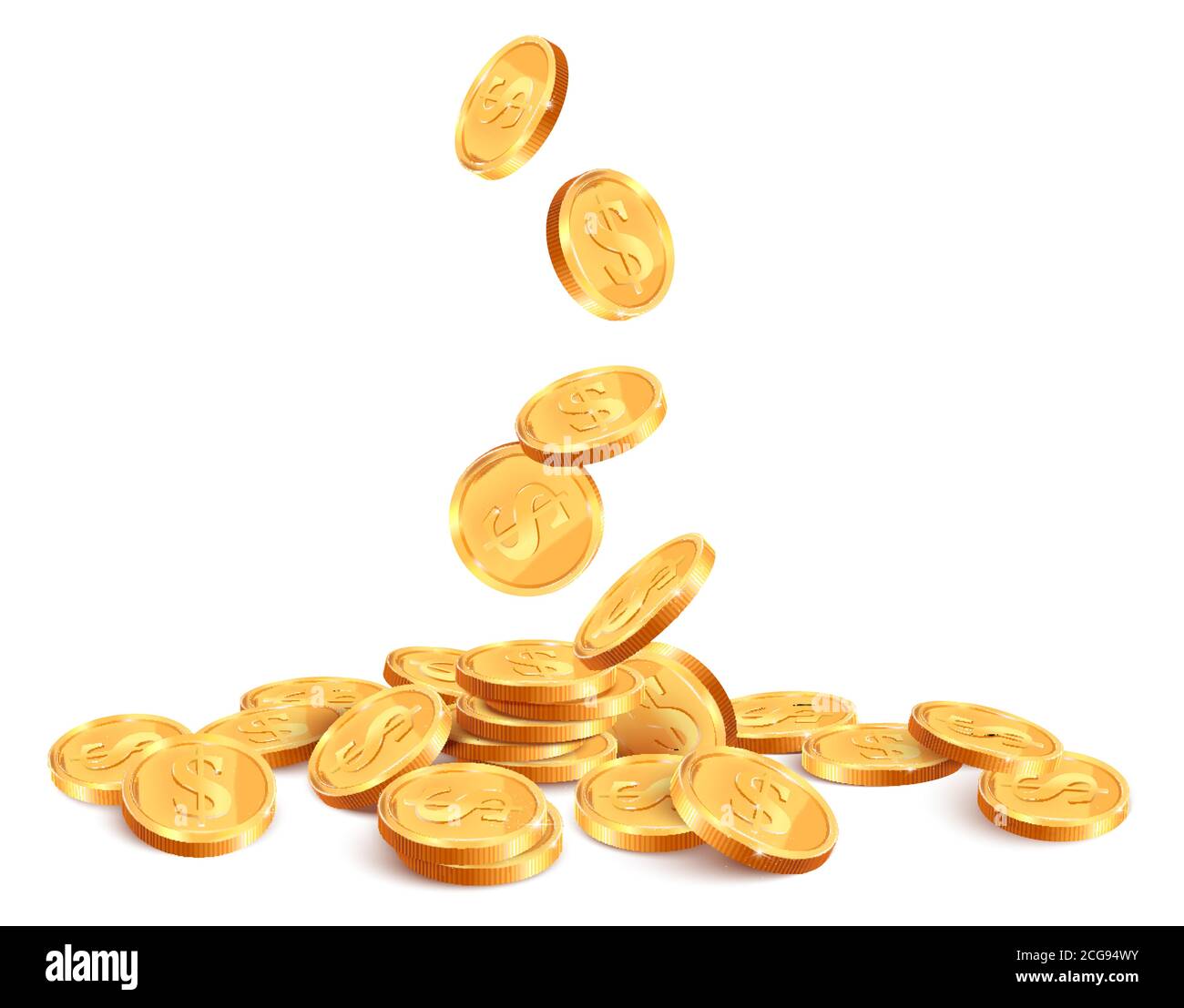 Monete in caduta realistiche. Moneta d'oro che cade, pioggia di jackpot d'oro 3D, casino lucido denaro in caduta di denaro isolato vettore sfondo illustrazione Illustrazione Vettoriale