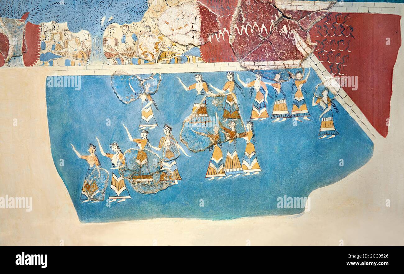 Minoan 'Sacred Grove and Dance Freco', opere d'arte di Cnosso Palace, 1600-1450 a.C. Museo Archeologico di Heraklion. Questo periodo neopalaziale Minoan f Foto Stock