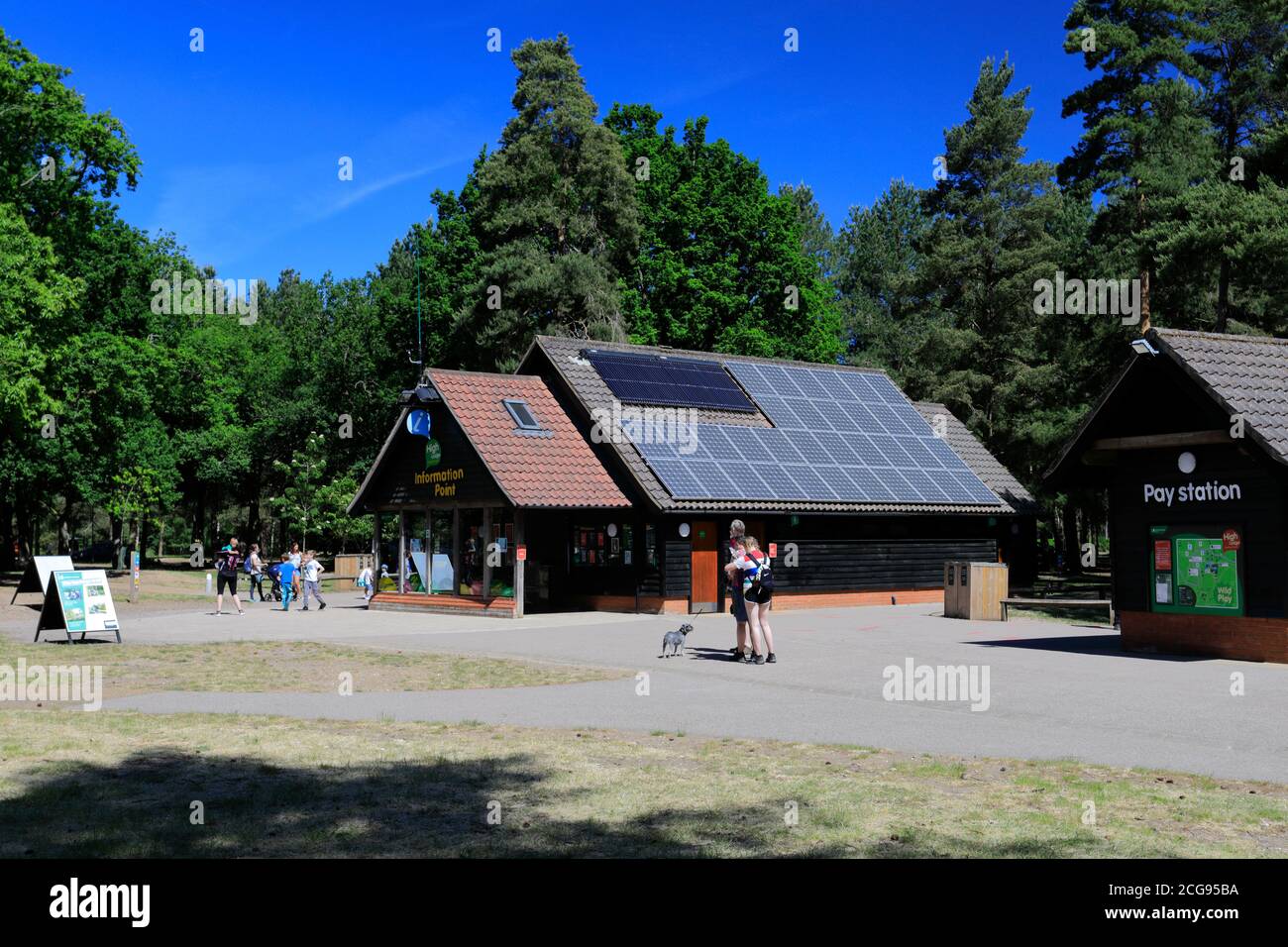 Vista del centro visitatori High Lodge, Thetford Forest, Thetford Town, Norfolk, Inghilterra, Regno Unito Foto Stock