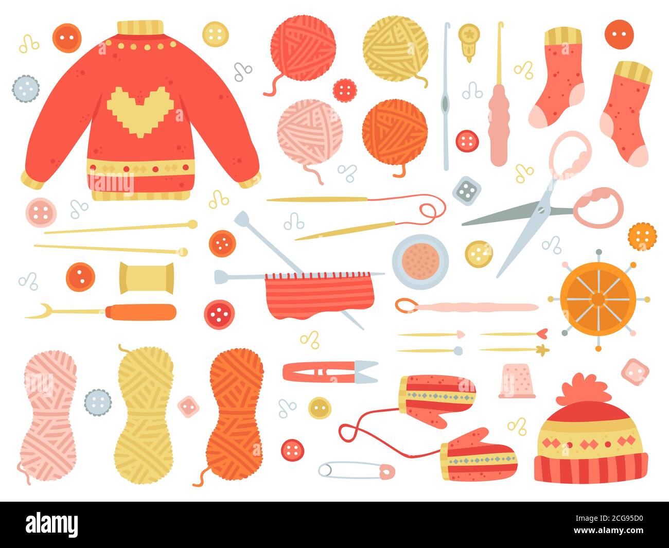 Strumenti di Unione. Aghi da maglieria, lana e filo, fall Knit Needlework fornisce illustrazioni vettoriali set di icone Illustrazione Vettoriale