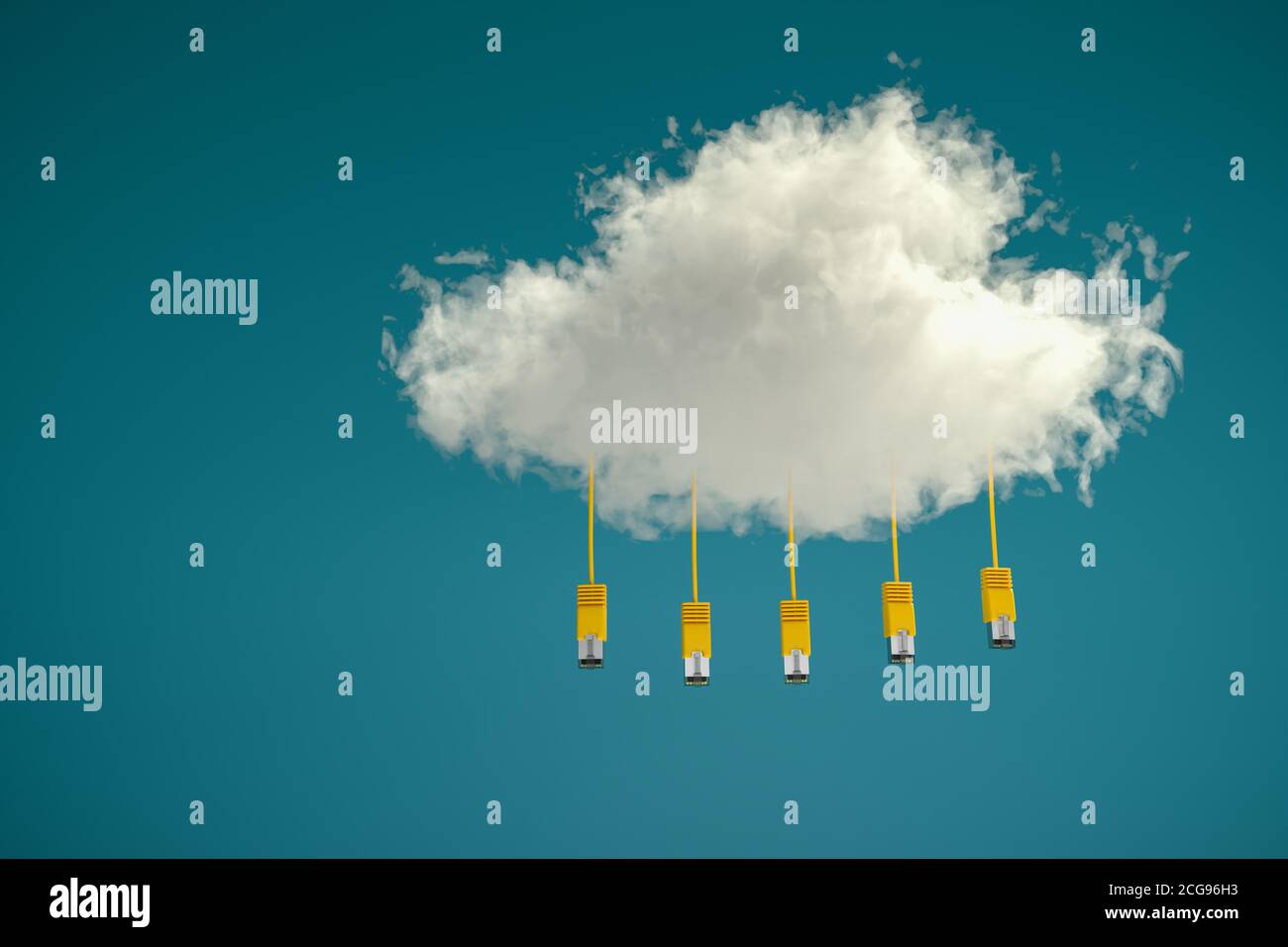 Rendering 3D: Concetto di cloud computing: Cinque cavi ethernet gialli sospesi da un cloud. Sfondo blu/verde. Foto Stock